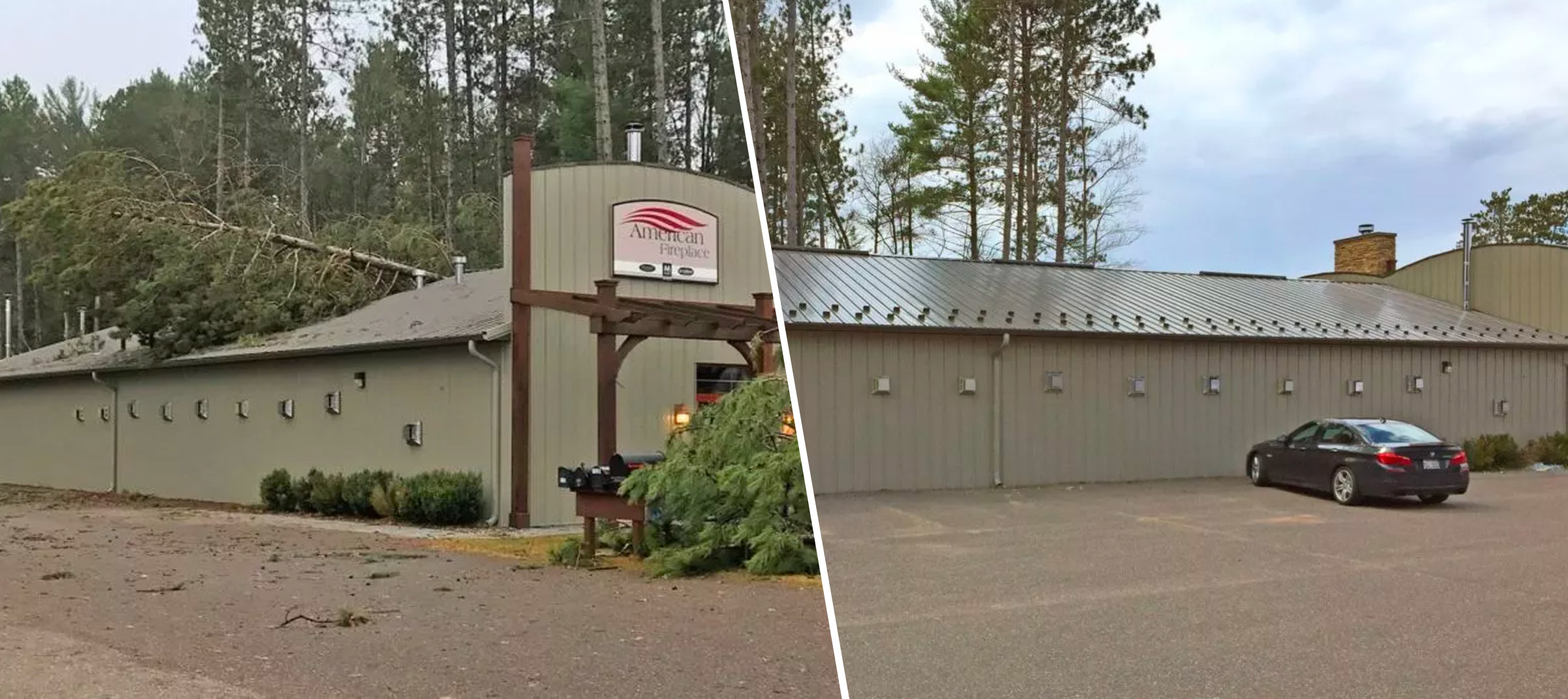 before and after showing building repair to a damaged post frame building